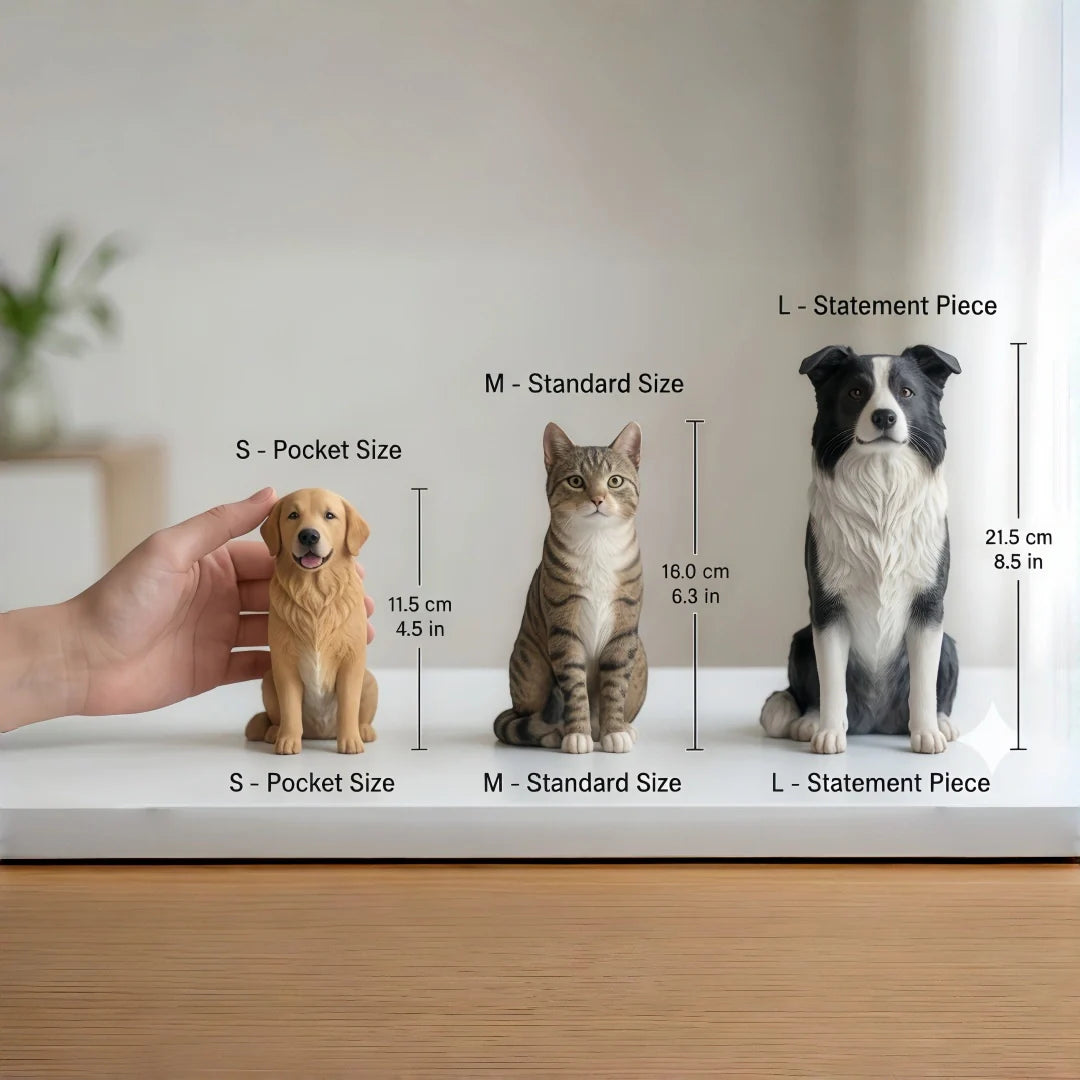 Detailed size comparison guide for custom 3D pet statues featuring a Golden Retriever, French Bulldog, and Tabby Cat. Shows lifelike 3D printed pet memorials in various sizes (11.5cm to 21.5cm) next to an iPhone and real pets for scale.