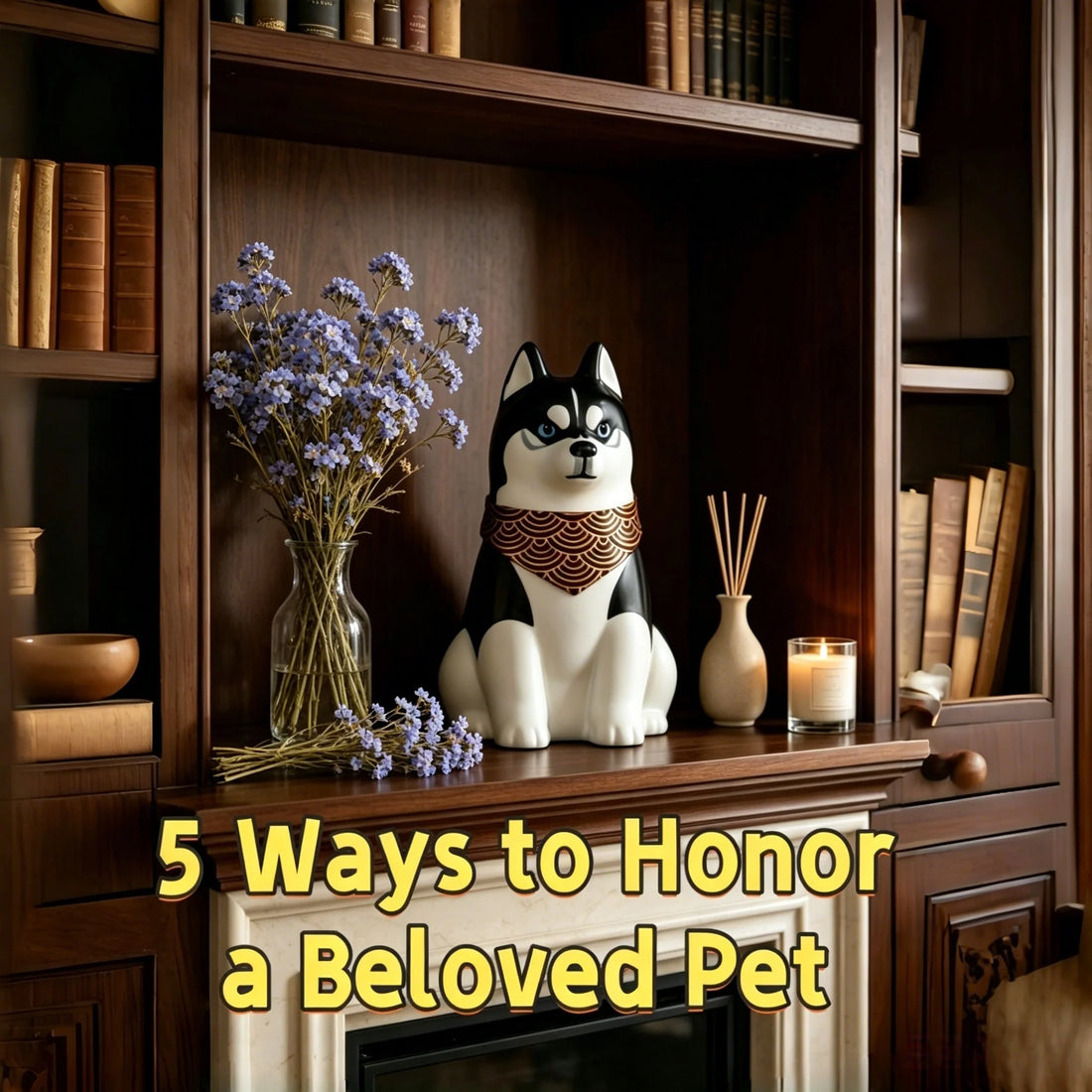 Cozy home pet memory shelf decor with husky dog ceramic memorial urn, dried lavender flowers and candle, blog cover for pet loss remembrance guide