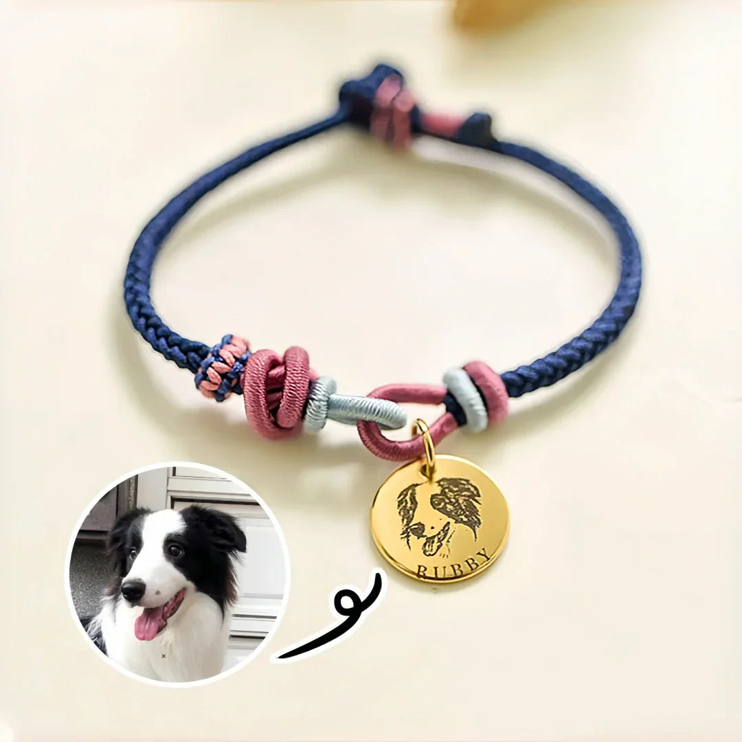 Handwoven custom pet portrait bracelet with engraved gold dog charm and border collie photo overlay, product blog cover for personalized pet memorial jewelry gift guide