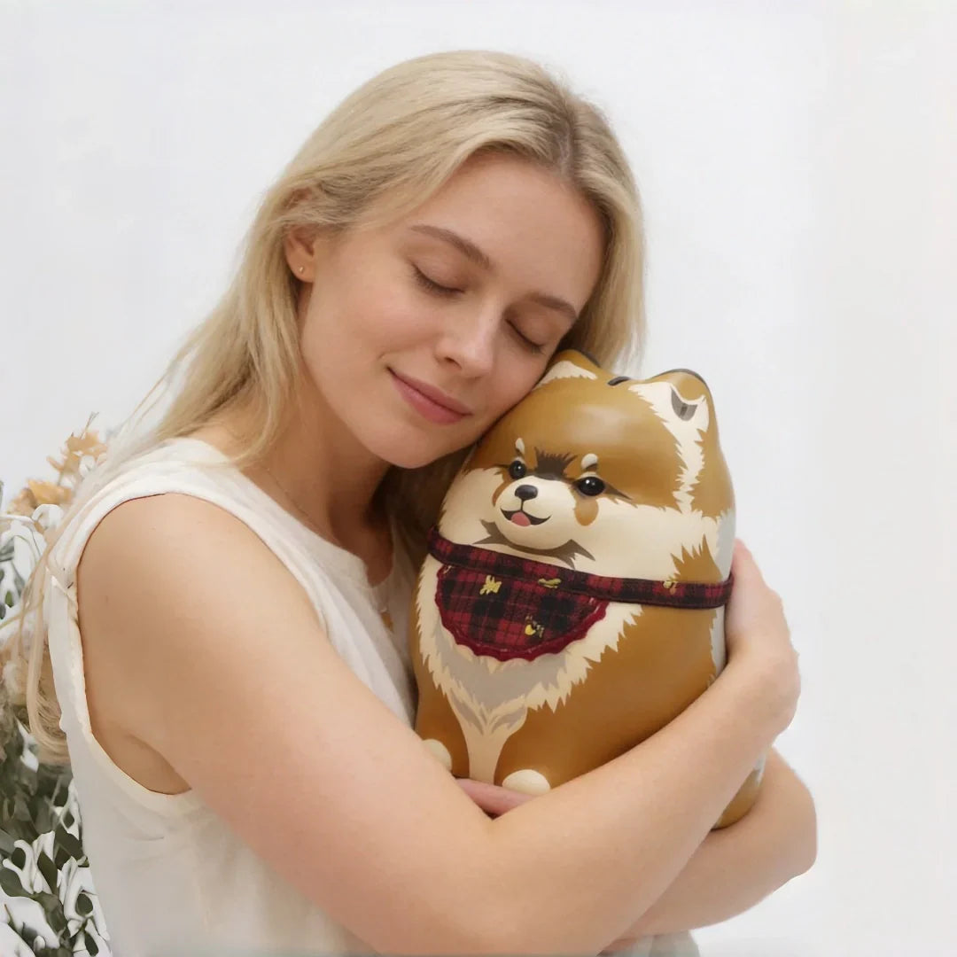 Soft portrait of woman gently hugging hand-painted custom Pomeranian dog ceramic pet urn, blog cover for personalized pet memorial urn article