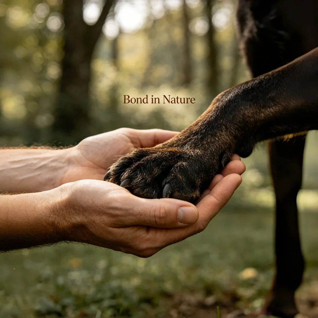 Gentle outdoor photo of human hands cupping a dog’s paw in sunlit forest, text Bond in Nature, vertical Pinterest blog cover about pet loss and peaceful final resting places