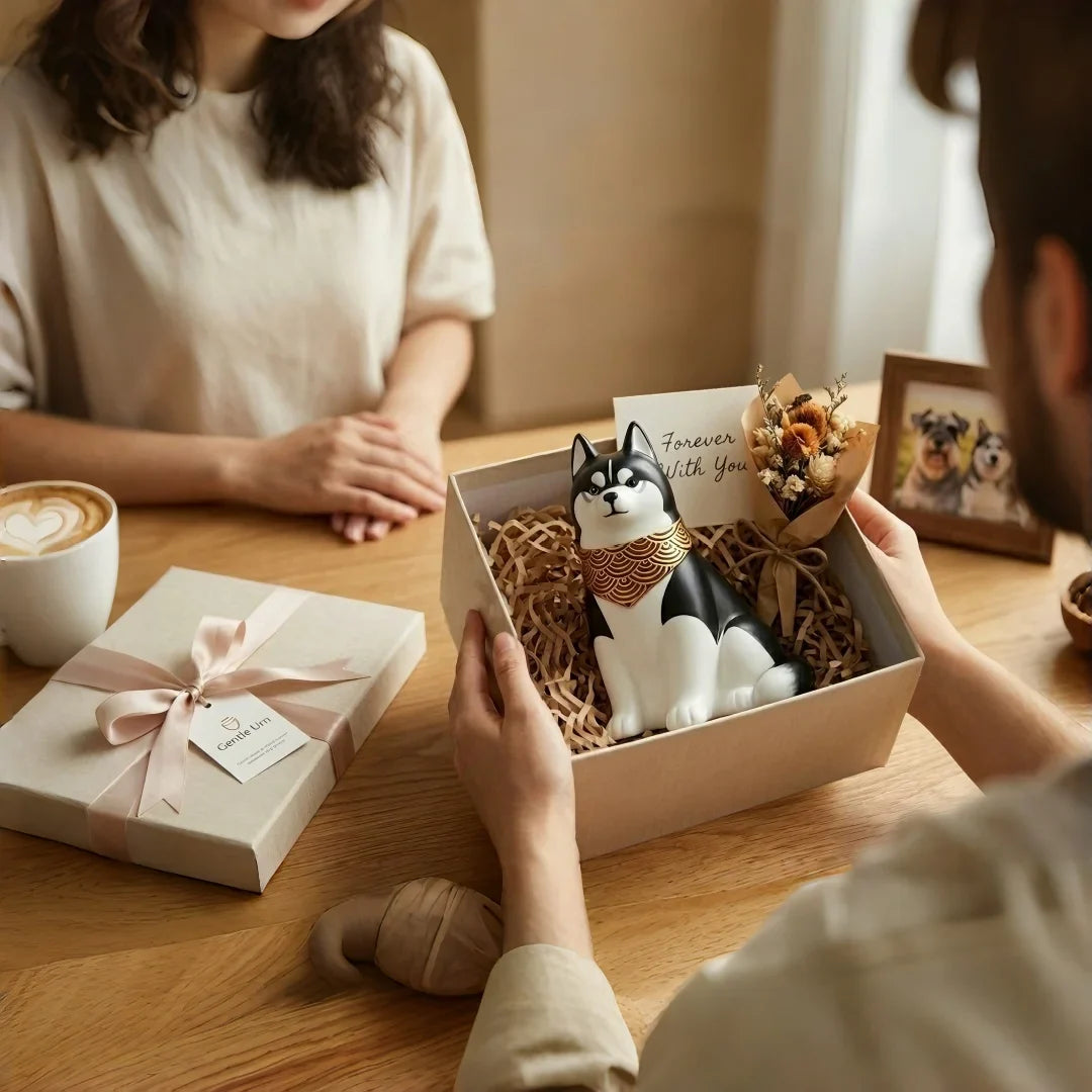 Surprise pet loss sympathy gift box featuring custom handmade ceramic dog urn and high precision 3D printed husky memorial statue by Gentle Urn