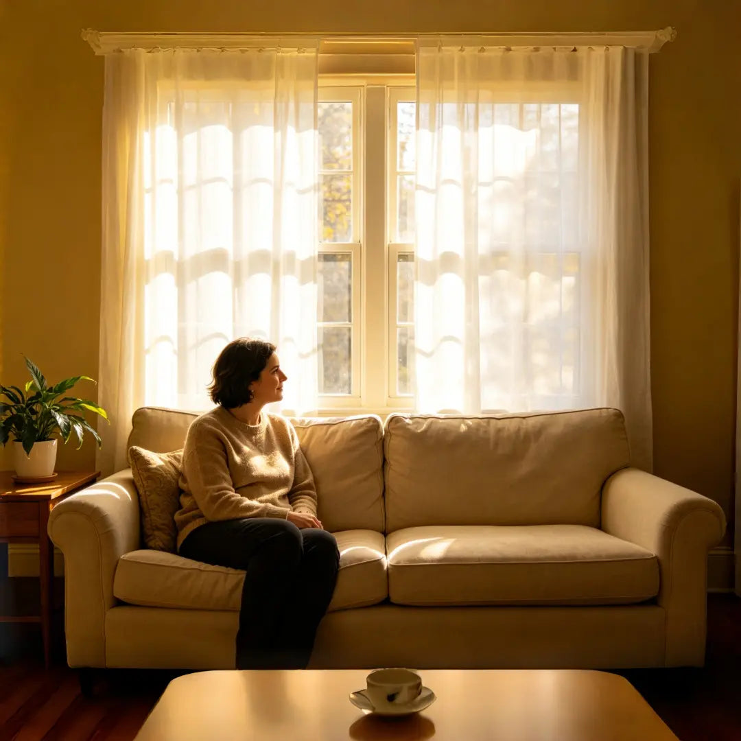 A quiet living room with an empty dog bed, a framed pet photo, and fresh flowers, reflecting life after losing a beloved pet.