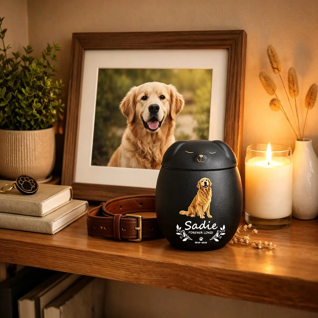Warm memorial shelf scene with golden retriever photo frame, personalized black pet urn, leather dog collar, lit candle and green plants