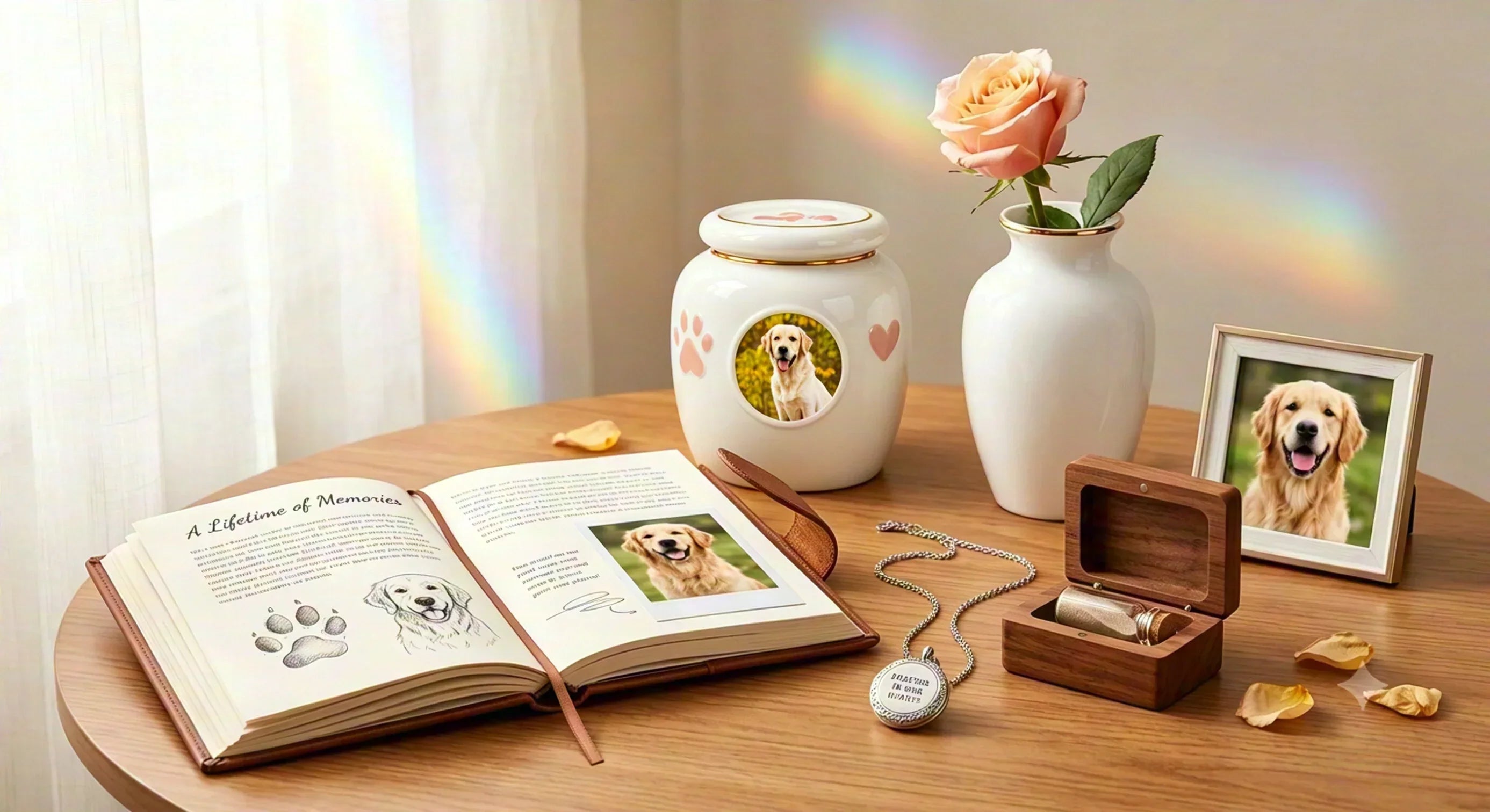 A serene memorial setup on a wooden table honoring a Golden Retriever, featuring a ceramic pet urn, an open memory journal, a necklace, and a framed photo.