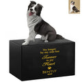 The PawPrint Dog Urn features a lifelike 3D black and white Border Collie sculpture on a black urn engraved in gold: No longer by my side but forever in my heart. Bently 2026. Includes a corner photo of your pet.