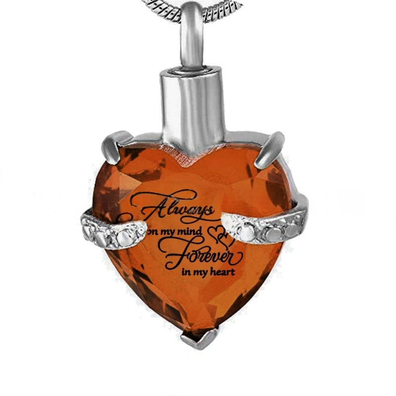 Birthstone Heart Pet Urn Necklace – 12 Month Colors – Holds Fur or Ashes – Stainless Steel