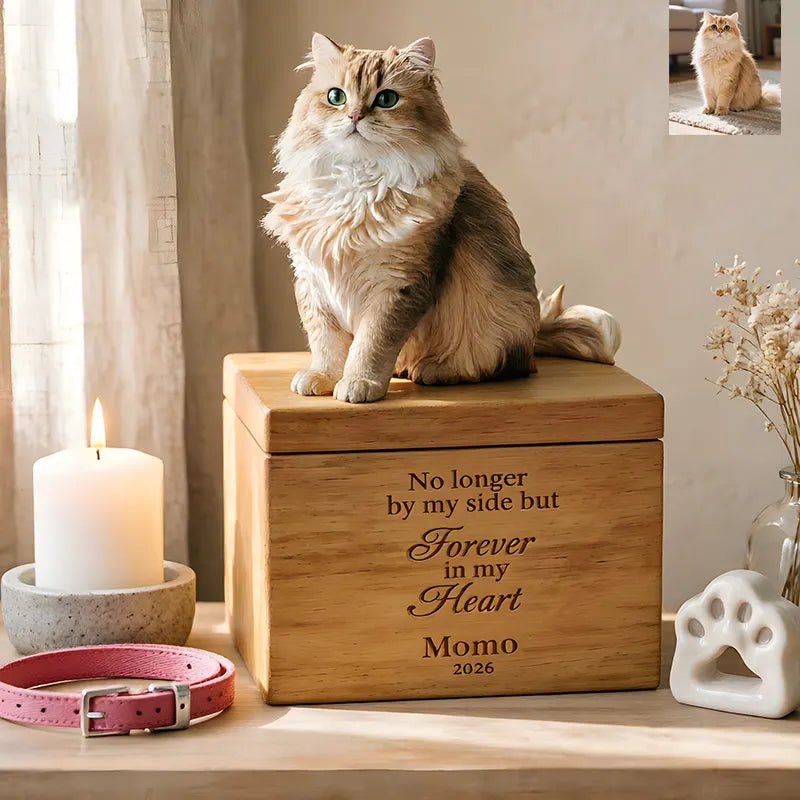 A fluffy light brown cat sits on a PawPrint Cat Urn, engraved with a memorial message. Nearby are a lit white candle, pink collar, ceramic paw print keepsake, dried flowers, and a small photo of the same cat in the corner.
