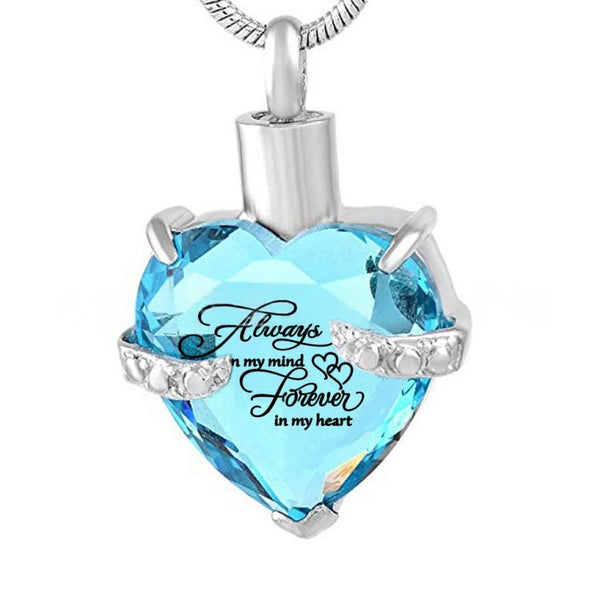 Birthstone Heart Pet Urn Necklace – 12 Month Colors – Holds Fur or Ashes – Stainless Steel