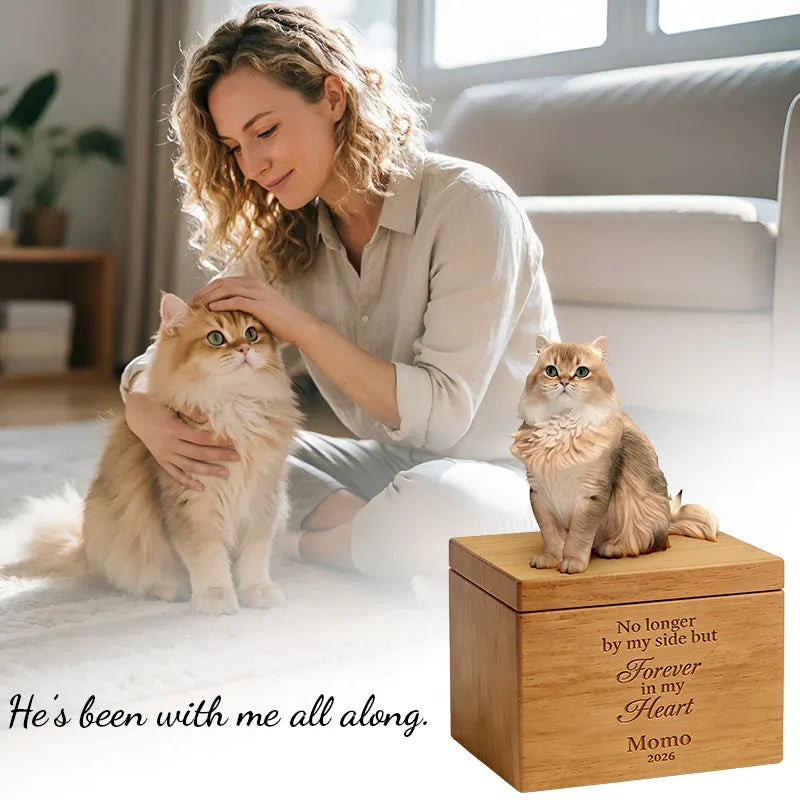 A woman pets a cream cat beside her. In front, a PawPrint Cat Urn—a customizable cat statue on a wooden memorial box engraved with “No longer by my side but Forever in my Heart – Momo 2026.” Caption: “He’s been with me all along.”.