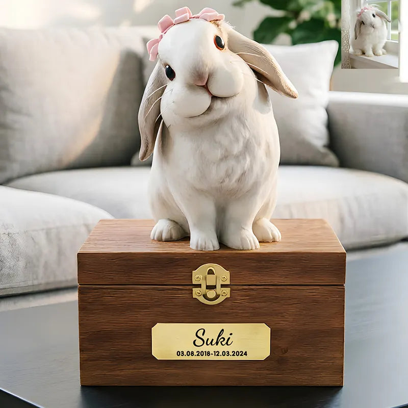 Bunny Sweet Memories is a lifelike 3D printed rabbit statue with a pink bow, sitting on a wooden box engraved with "Suki 03.08.2018-12.03.2024," serving as a personalized pet urn, with a rabbit photo displayed behind it on the couch.
