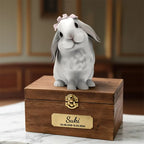 The Bunny Sweet Memories urn displays a 3D printed rabbit with a pink bow atop a wooden box, featuring a gold nameplate engraved “Suki 03.08.2018-12.03.2024,” all presented elegantly on a marble surface.