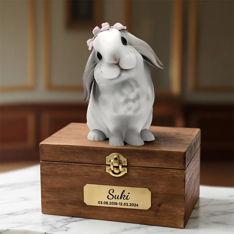 The Bunny Sweet Memories urn displays a 3D printed rabbit with a pink bow atop a wooden box, featuring a gold nameplate engraved “Suki 03.08.2018-12.03.2024,” all presented elegantly on a marble surface.