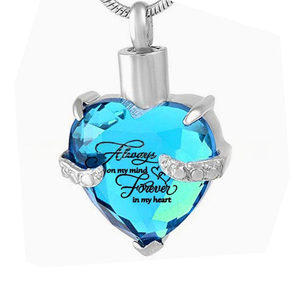 Birthstone Heart Pet Urn Necklace – 12 Month Colors – Holds Fur or Ashes – Stainless Steel
