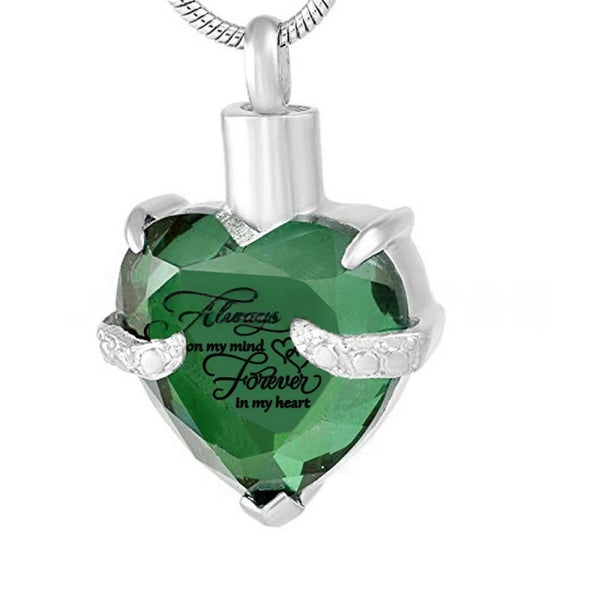 Birthstone Heart Pet Urn Necklace – 12 Month Colors – Holds Fur or Ashes – Stainless Steel