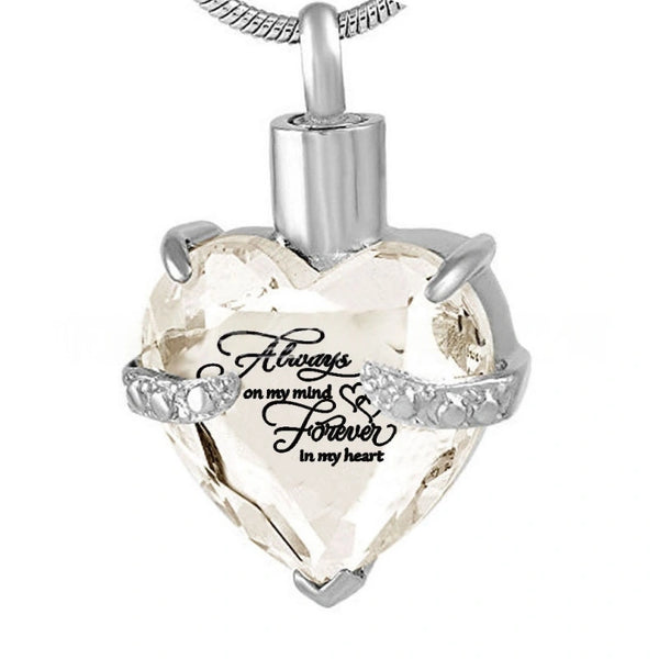 Birthstone Heart Pet Urn Necklace – 12 Month Colors – Holds Fur or Ashes – Stainless Steel