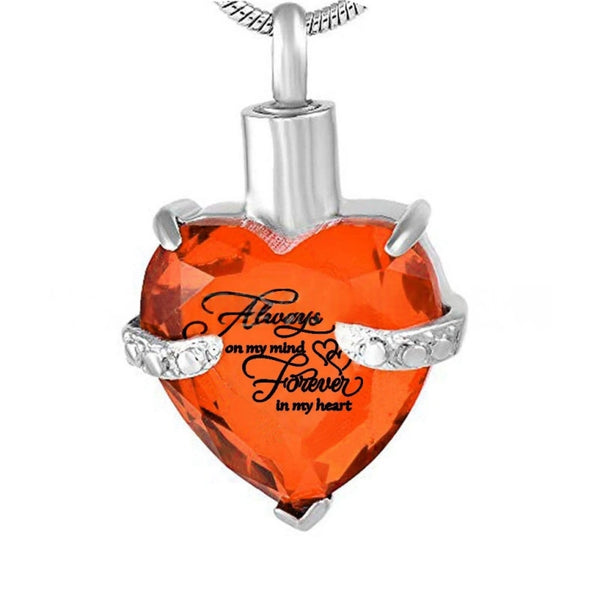 Birthstone Heart Pet Urn Necklace – 12 Month Colors – Holds Fur or Ashes – Stainless Steel