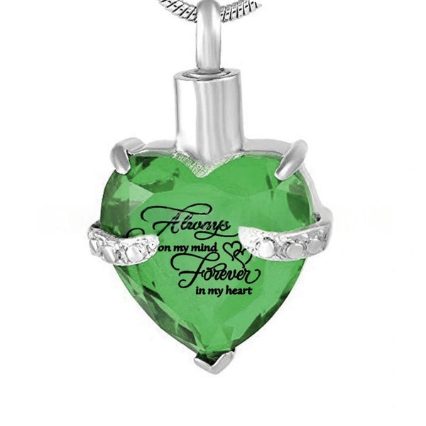 Birthstone Heart Pet Urn Necklace – 12 Month Colors – Holds Fur or Ashes – Stainless Steel