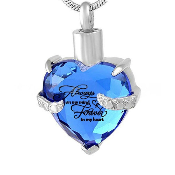 Birthstone Heart Pet Urn Necklace – 12 Month Colors – Holds Fur or Ashes – Stainless Steel