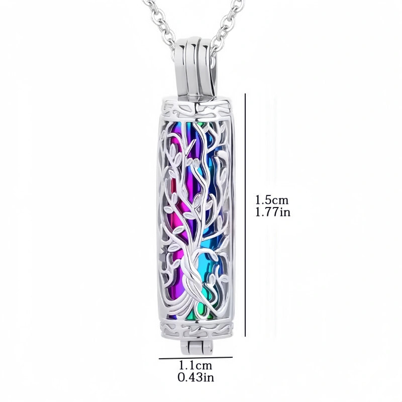Cylinder Tree of Life Pet Urn Necklace – Hollowed Openwork Design – Holds Fur, Ashes, or Scent