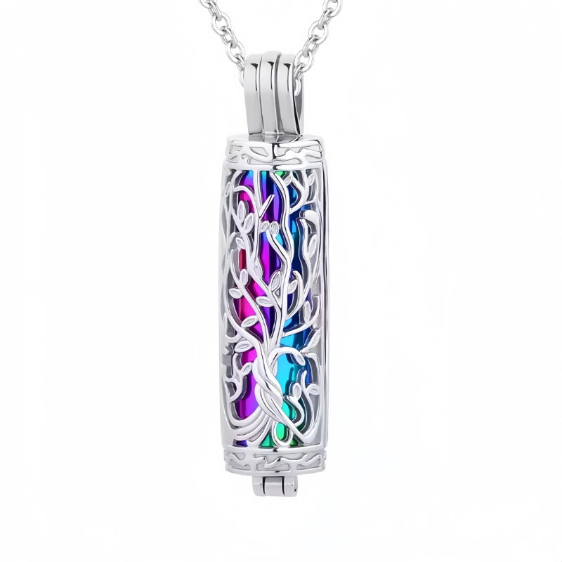Cylinder Tree of Life Pet Urn Necklace – Hollowed Openwork Design – Holds Fur, Ashes, or Scent