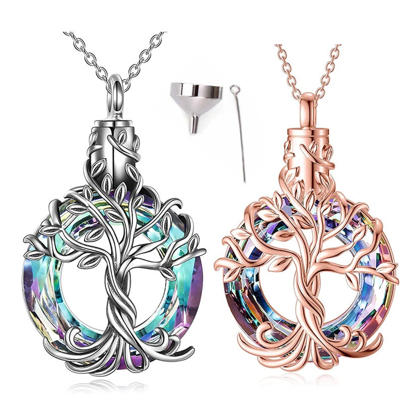 Tree of Life Pet Urn Necklace – Stainless Steel with Colored Glass Stone – Holds Fur or Ashes