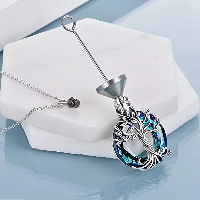 Tree of Life Pet Urn Necklace – Stainless Steel with Colored Glass Stone – Holds Fur or Ashes