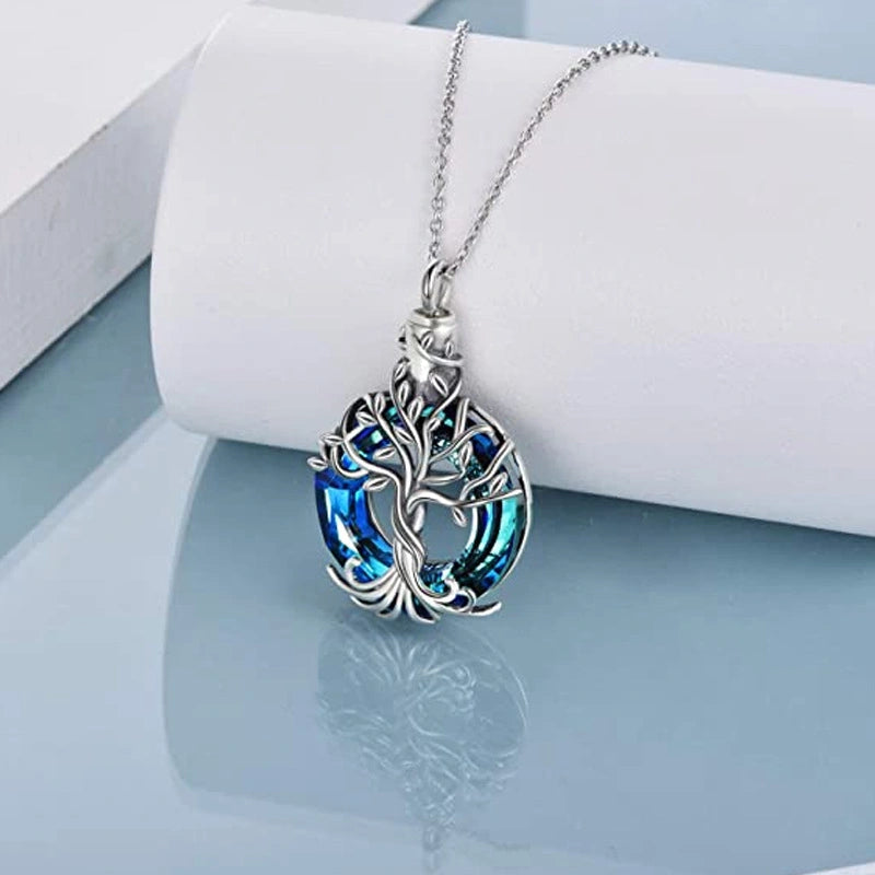 Tree of Life Pet Urn Necklace – Stainless Steel with Colored Glass Stone – Holds Fur or Ashes