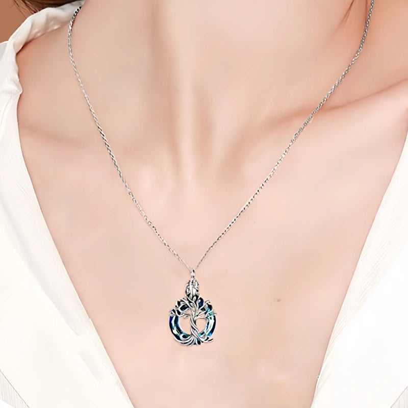Tree of Life Pet Urn Necklace – Stainless Steel with Colored Glass Stone – Holds Fur or Ashes