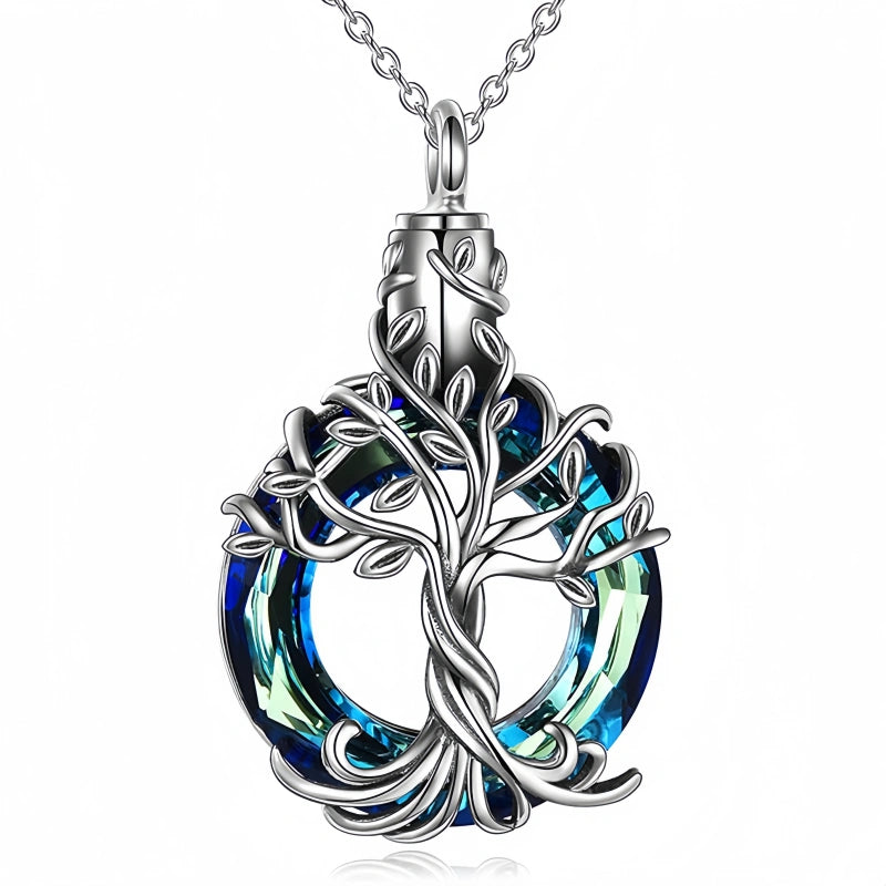 Tree of Life Pet Urn Necklace – Stainless Steel with Colored Glass Stone – Holds Fur or Ashes