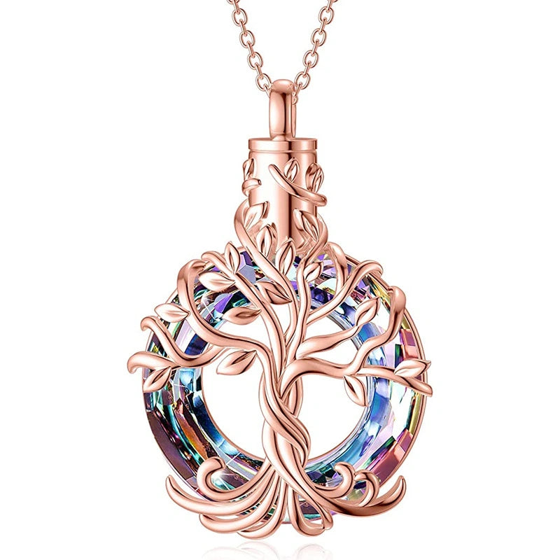 Tree of Life Pet Urn Necklace – Stainless Steel with Colored Glass Stone – Holds Fur or Ashes