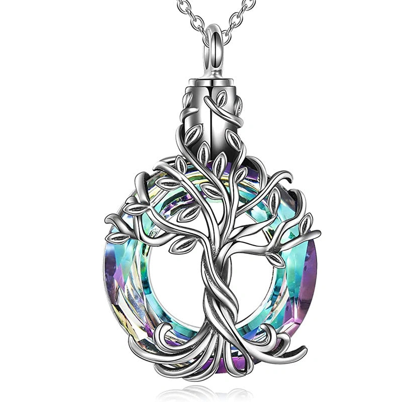 Tree of Life Pet Urn Necklace – Stainless Steel with Colored Glass Stone – Holds Fur or Ashes
