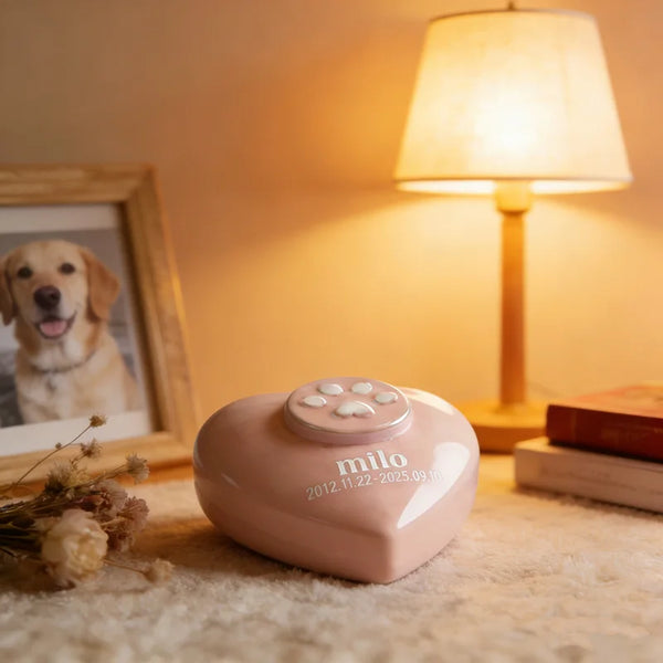 Custom Engraved Pet Memorial Urn: Heart-Shaped Ceramic Keepsake with Unique Paw Lid for Beloved Pets