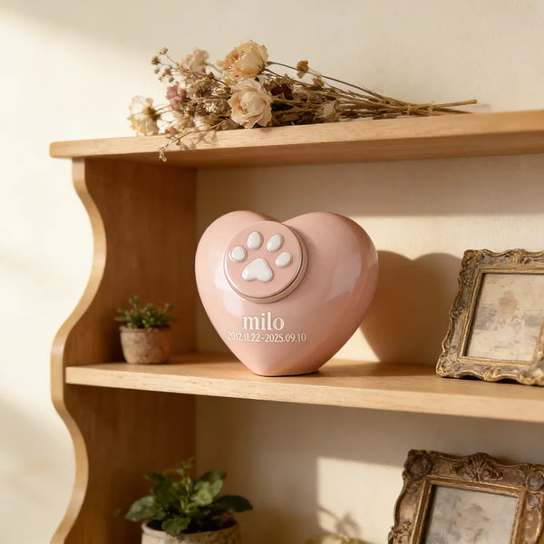 Custom Engraved Pet Memorial Urn: Heart-Shaped Ceramic Keepsake with Unique Paw Lid for Beloved Pets