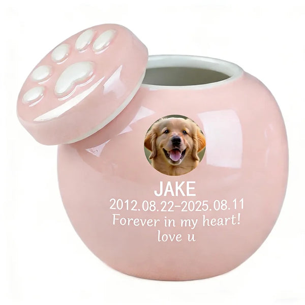 Personalized Soft Pink Ceramic Pet Urn - Custom Photo & Text Memorial for Dogs/Cats