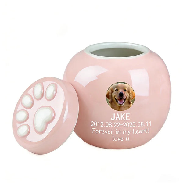 Personalized Soft Pink Ceramic Pet Urn - Custom Photo & Text Memorial for Dogs/Cats