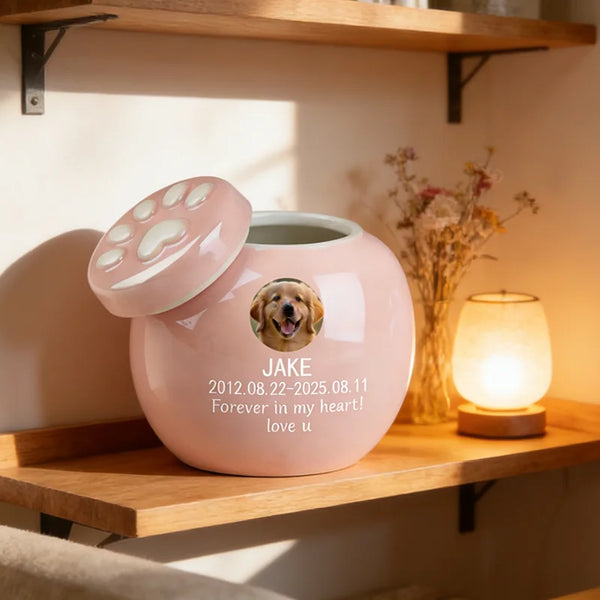 Personalized Soft Pink Ceramic Pet Urn - Custom Photo & Text Memorial for Dogs/Cats