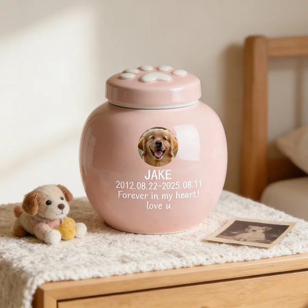 Personalized Soft Pink Ceramic Pet Urn - Custom Photo & Text Memorial for Dogs/Cats