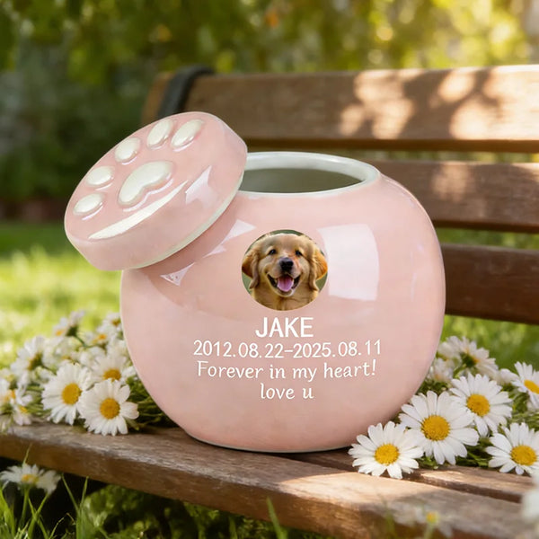 Personalized Soft Pink Ceramic Pet Urn - Custom Photo & Text Memorial for Dogs/Cats