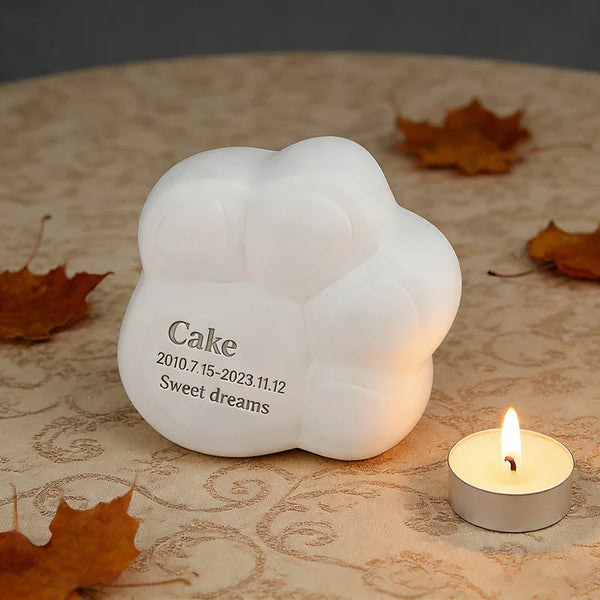 Unique Paw-Shaped Pet Cremation Urn: Minimalist White Ceramic Memorial with Custom Name Engraving