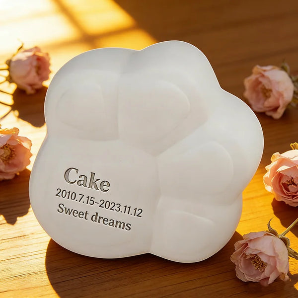 Unique Paw-Shaped Pet Cremation Urn: Minimalist White Ceramic Memorial with Custom Name Engraving