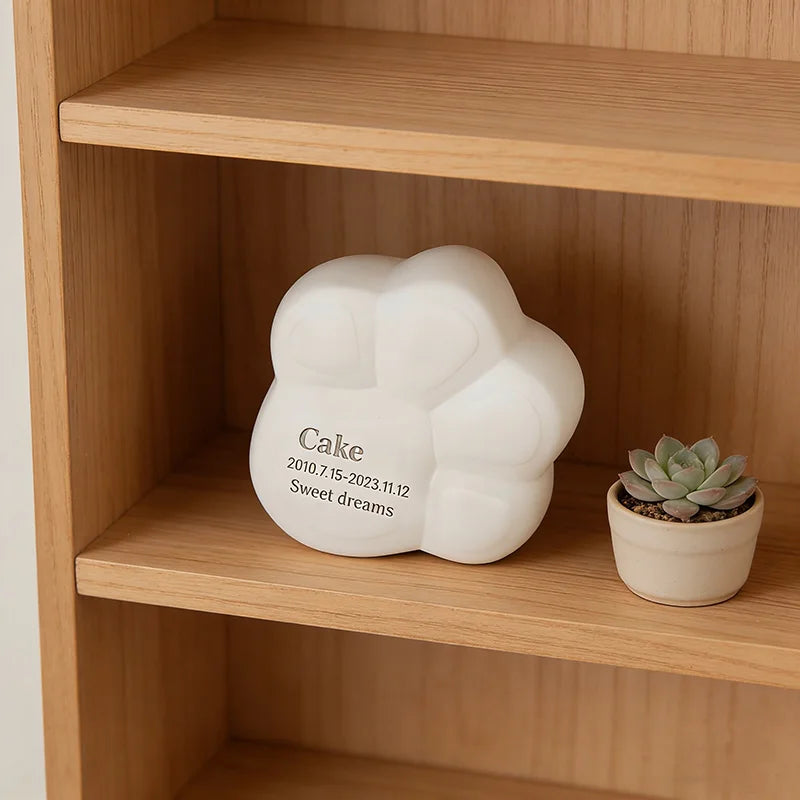 Unique Paw-Shaped Pet Cremation Urn: Minimalist White Ceramic Memorial with Custom Name Engraving