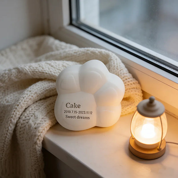 Unique Paw-Shaped Pet Cremation Urn: Minimalist White Ceramic Memorial with Custom Name Engraving