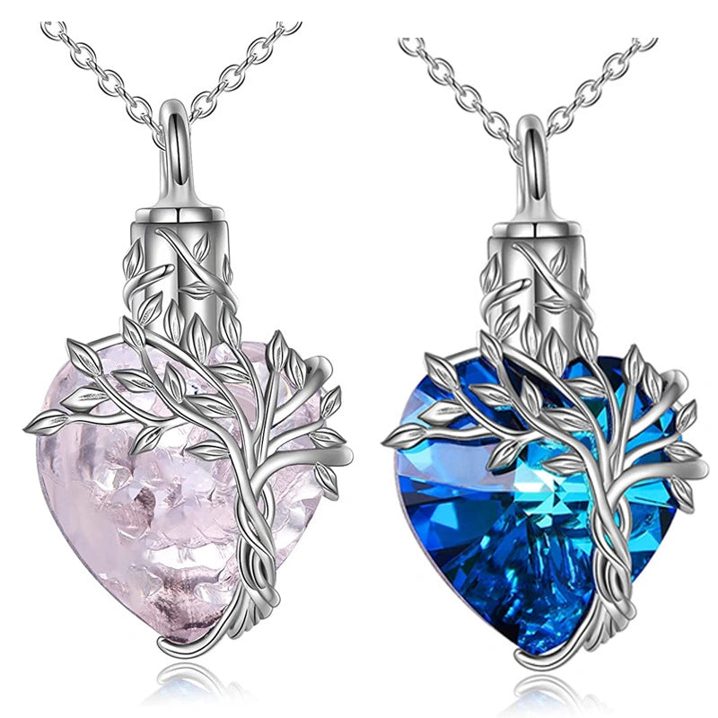 Heart & Tree of Life Pet Urn Necklace – Colored Gemstone – 4 Colors – Holds Fur or Ashes