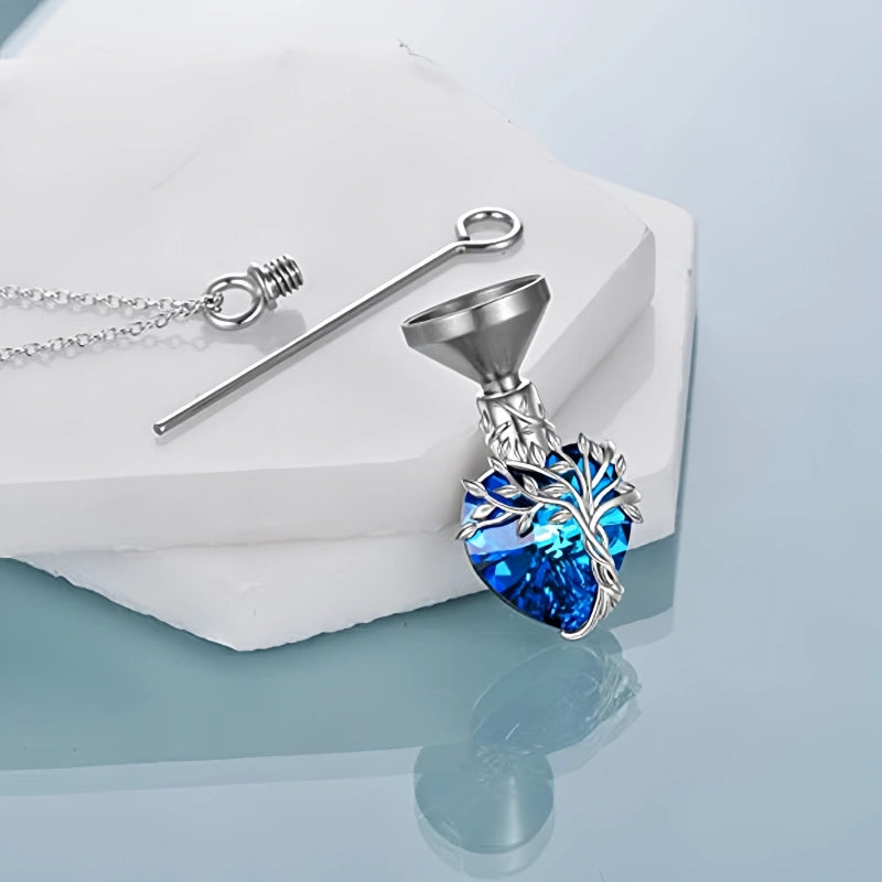 Heart & Tree of Life Pet Urn Necklace – Colored Gemstone – 4 Colors – Holds Fur or Ashes