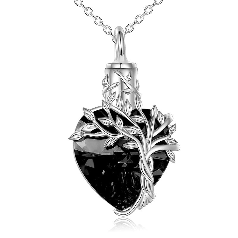 Heart & Tree of Life Pet Urn Necklace – Colored Gemstone – 4 Colors – Holds Fur or Ashes