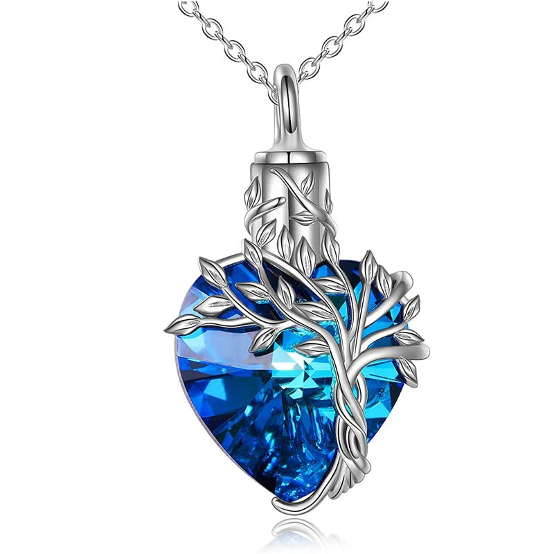 Heart & Tree of Life Pet Urn Necklace – Colored Gemstone – 4 Colors – Holds Fur or Ashes