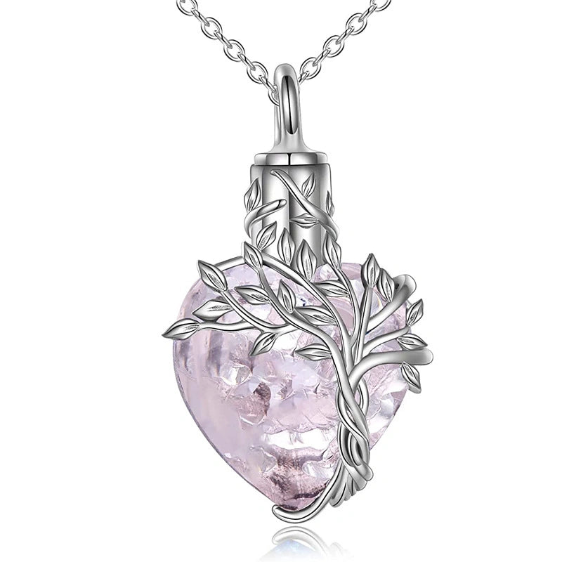 Heart & Tree of Life Pet Urn Necklace – Colored Gemstone – 4 Colors – Holds Fur or Ashes
