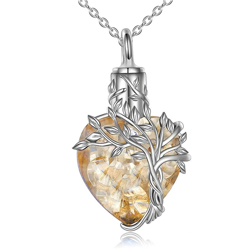 Heart & Tree of Life Pet Urn Necklace – Colored Gemstone – 4 Colors – Holds Fur or Ashes