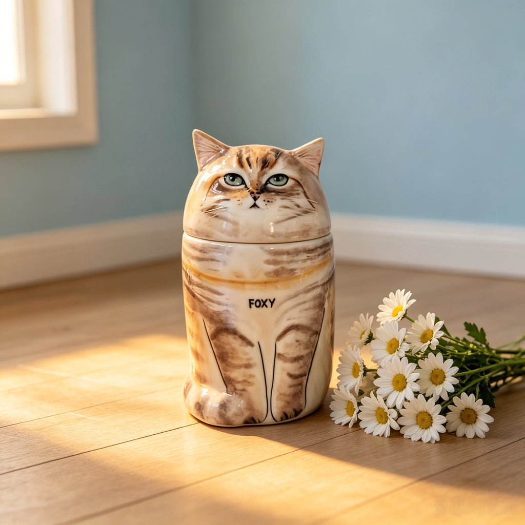 CustoPersonalized Cat Urn, Hand-Painted Ceramic Pet Memorial Keepsake Box – Custom Pet Portrait from Photo, Cremation Ashes Container for Catsm Pet Portrait from Photo, Cremation Ashes Container for Cats